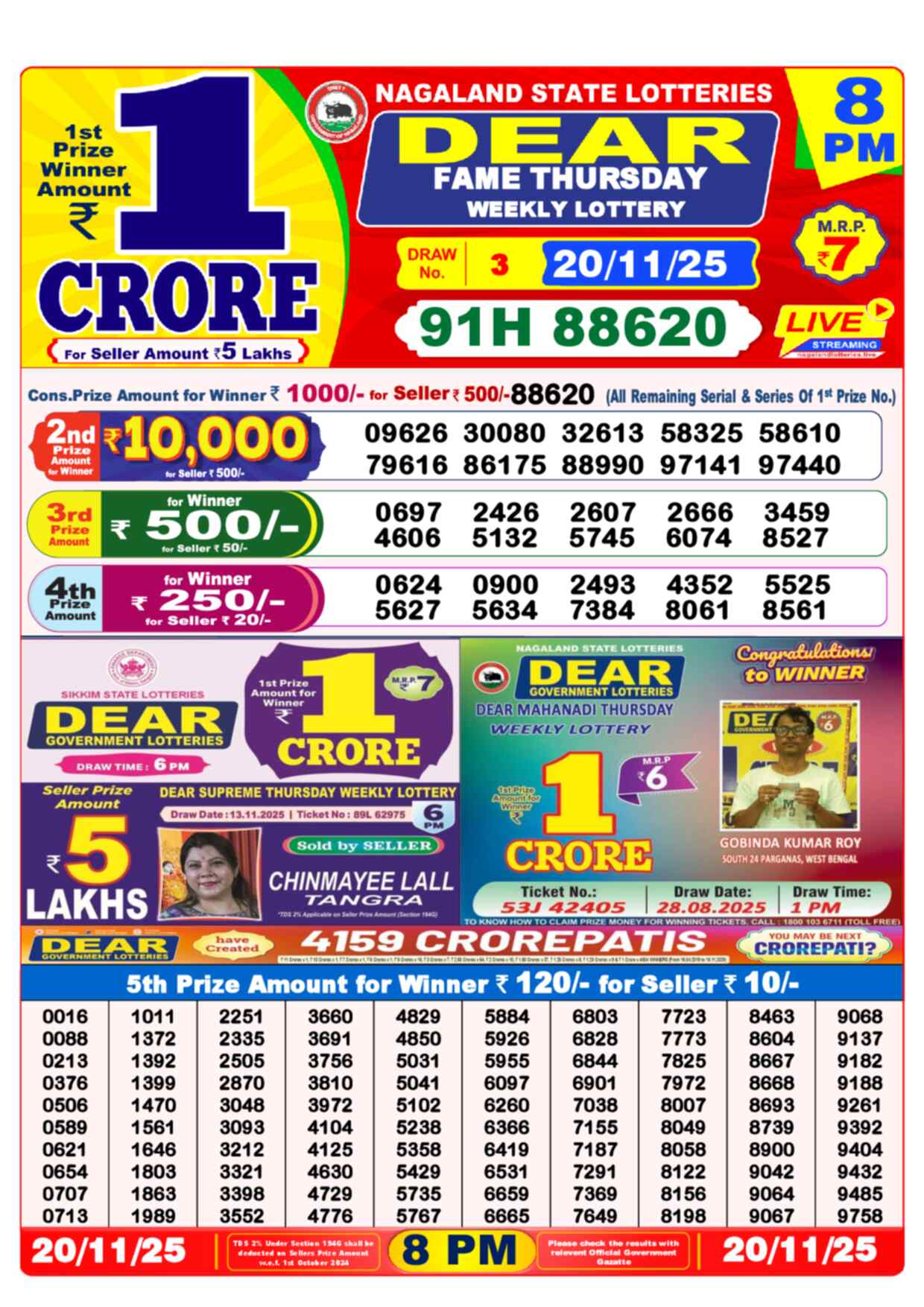 Dear Lottery Yesterday Sambad Result 8:00 PM 20 November 2025