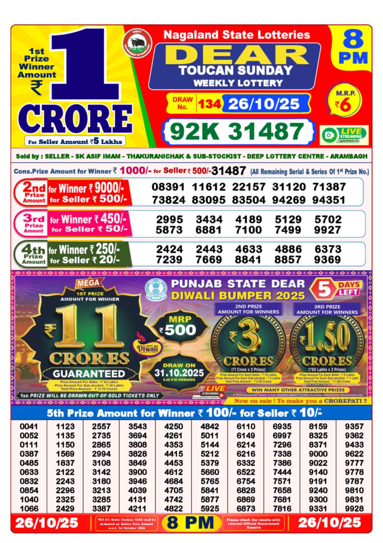 Lottery Sambad 26.10.25 Dear Lottery 8 PM October 26, 2025