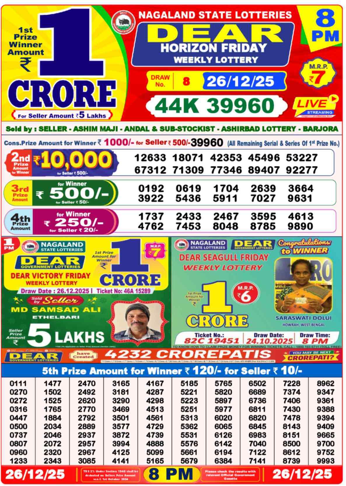 Dear Lottery Yesterday Sambad Result 8:00 PM 26 December 2025