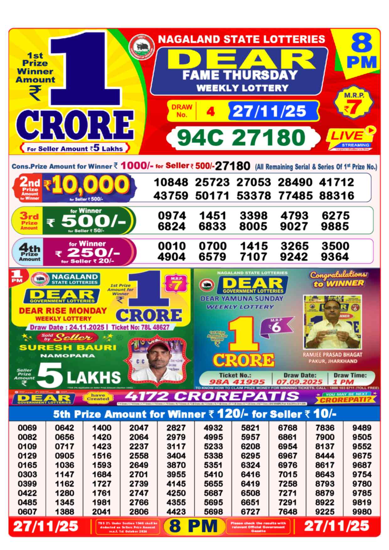Dear Lottery Yesterday Sambad Result 8:00 PM 27 November 2025