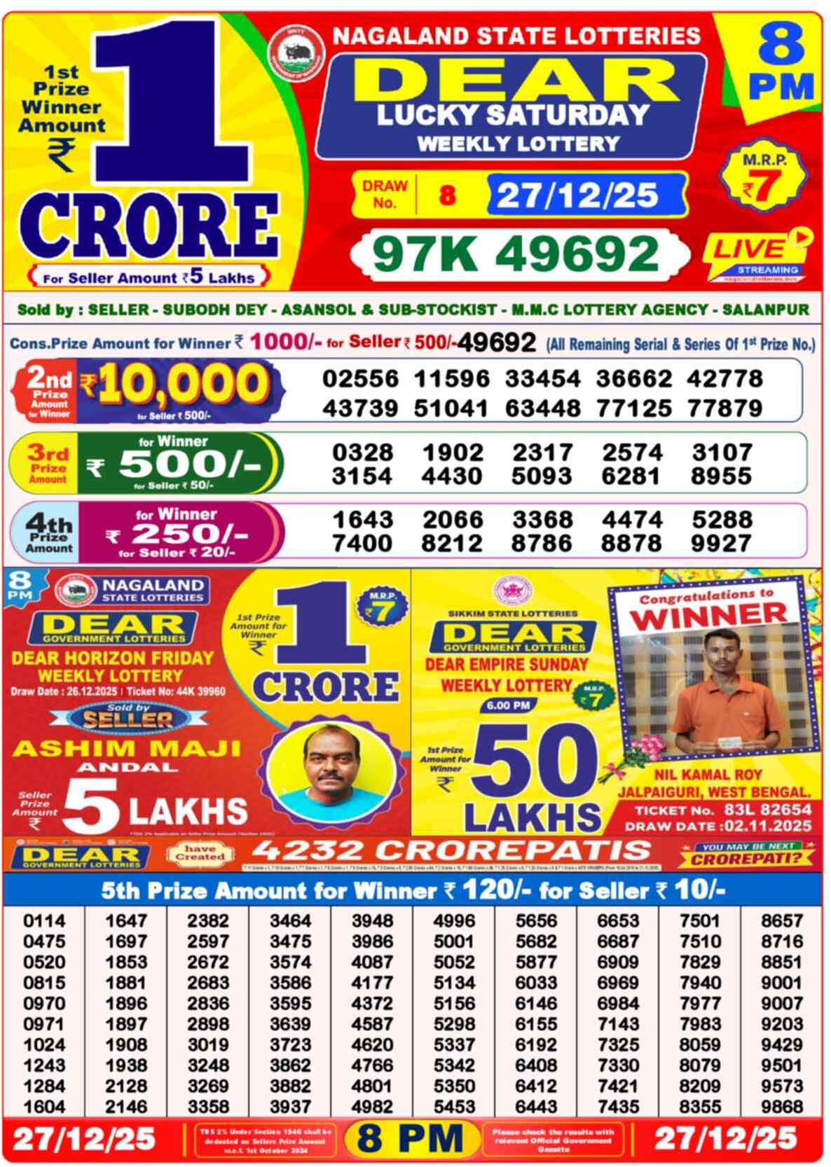 Dear Lottery Sambad Result 8:00 PM Yesterday 27 December 2025