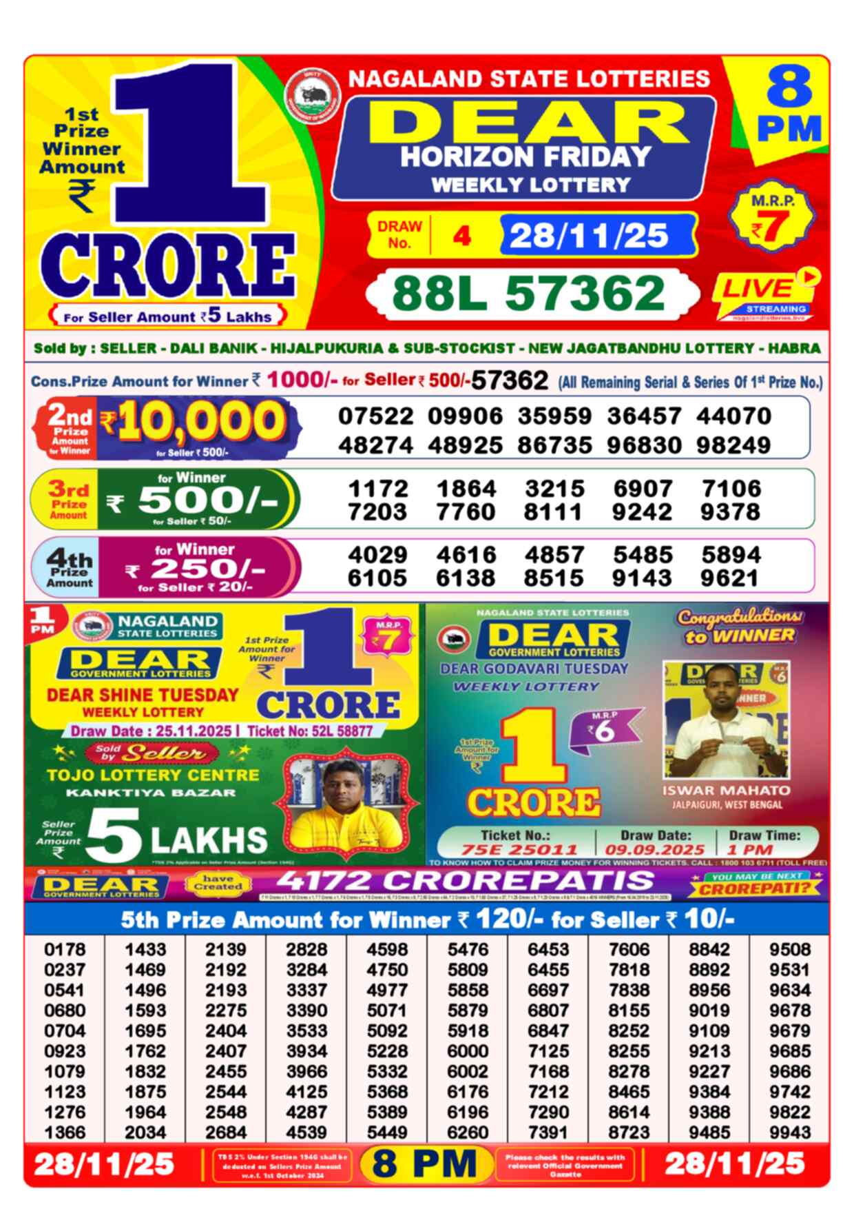 Lottery Sambad 28.11.25 Dear Lottery 8 PM November 28, 2025