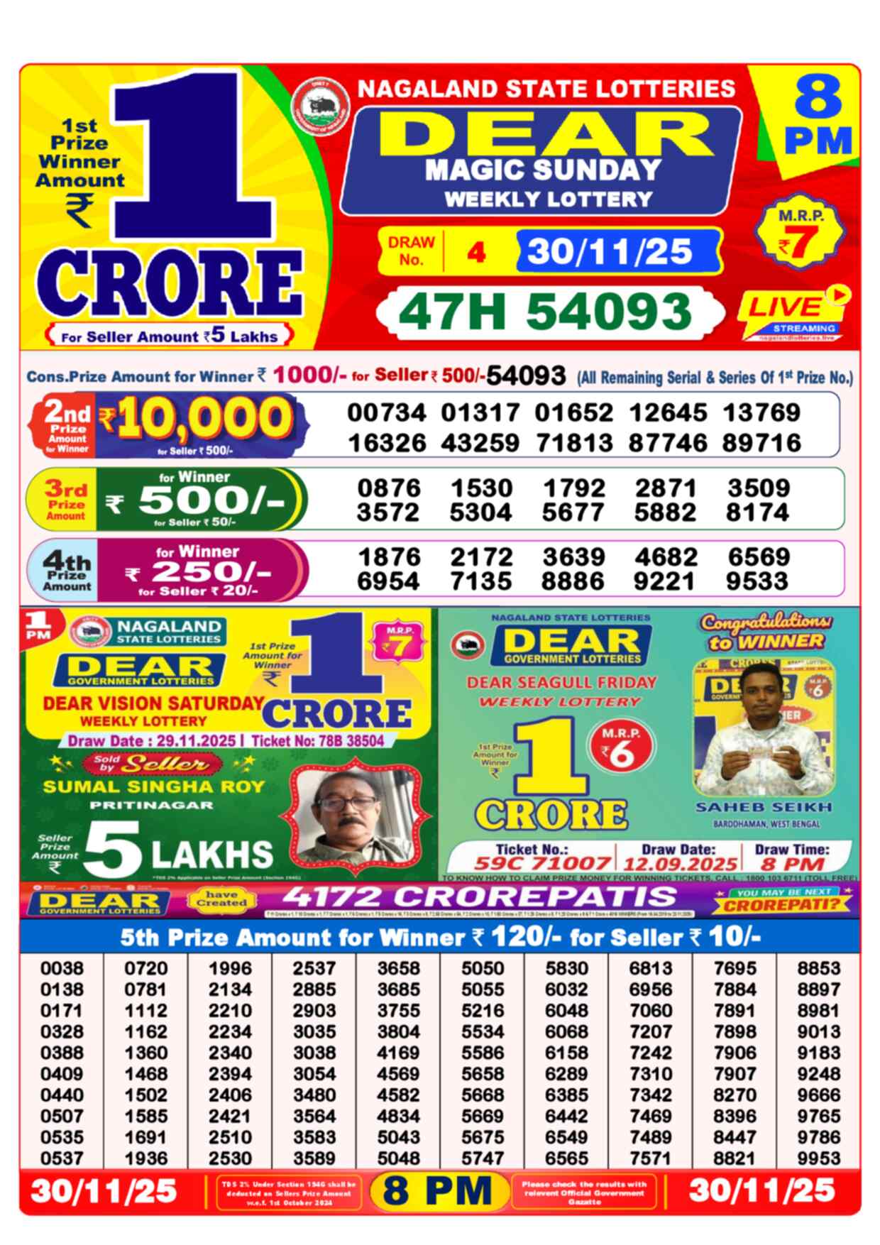 Lottery Sambad 30.11.25 Dear Lottery 8 PM November 30, 2025