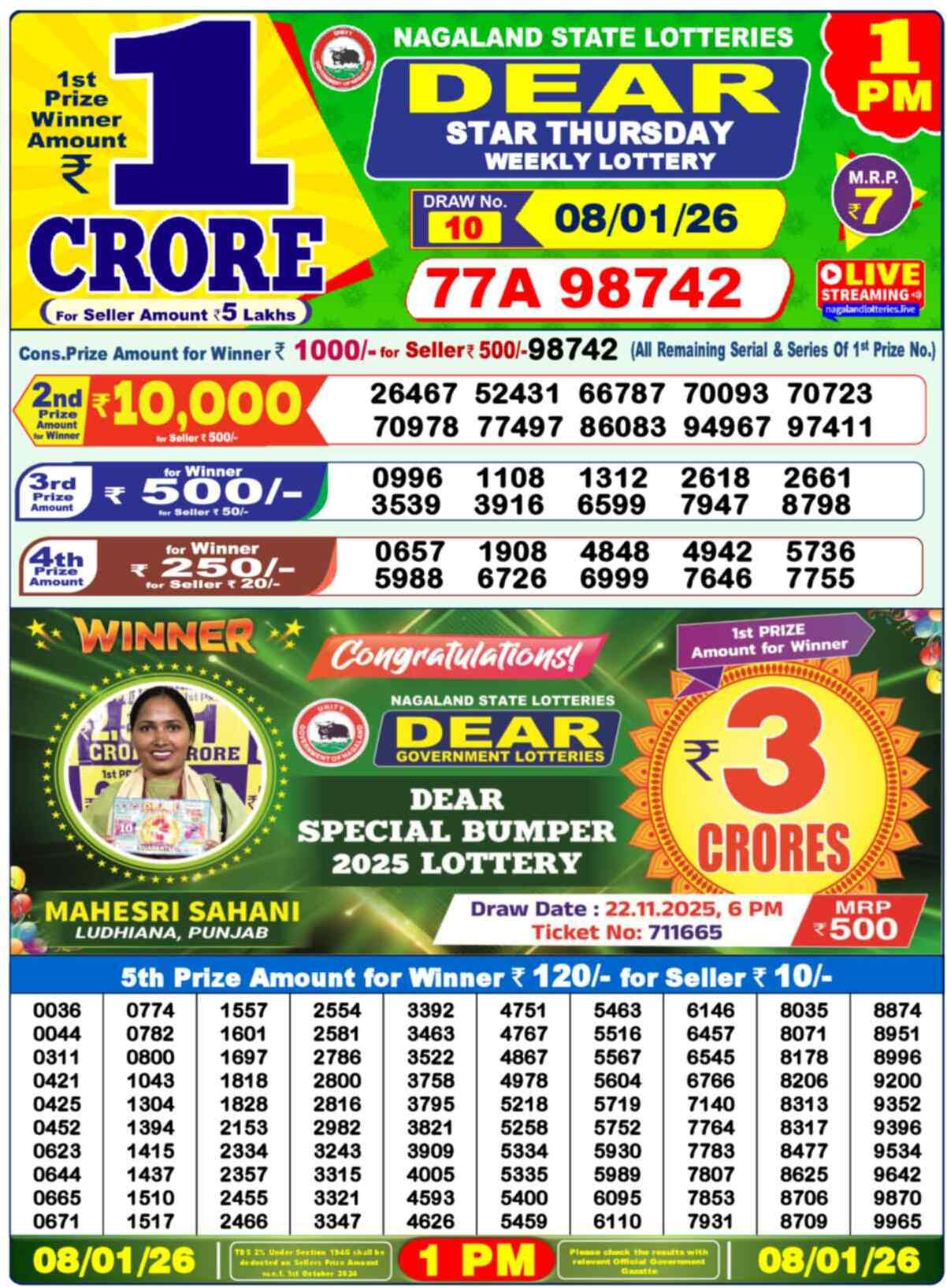 Lottery Sambad 08.01.26 Dear Lottery 1 PM January 08, 2026