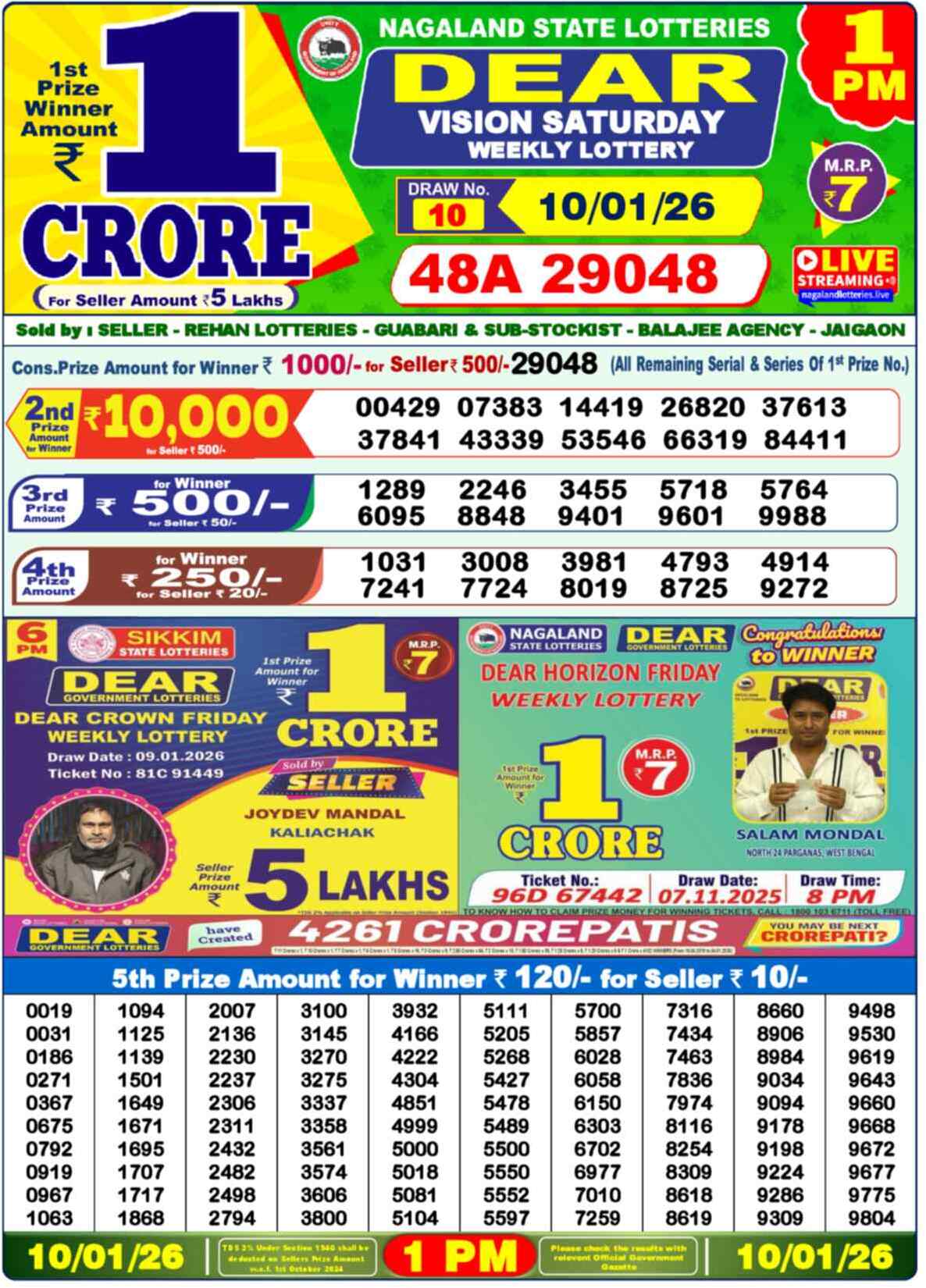 Lottery Sambad 10.01.26 Dear Lottery 1 PM January 10, 2026