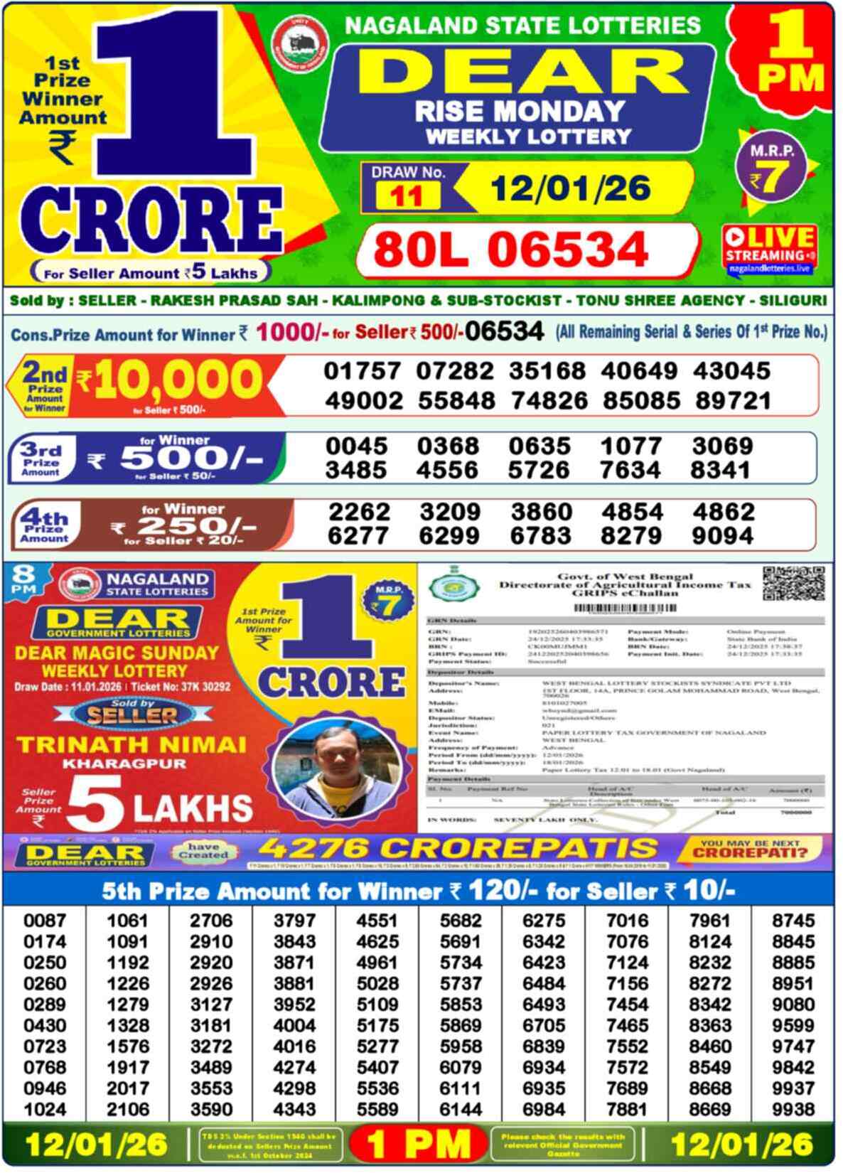 Dear Lottery Yesterday Sambad Result 1:00 PM 12 January 2026