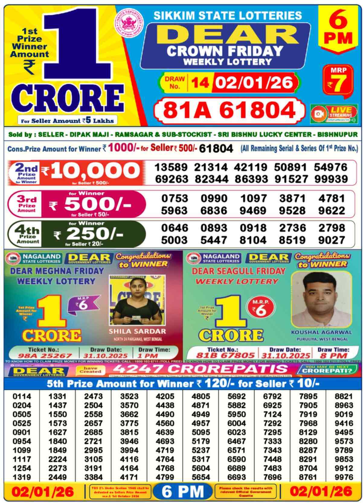 Dear Lottery Result Today 6pm 02 January 2026