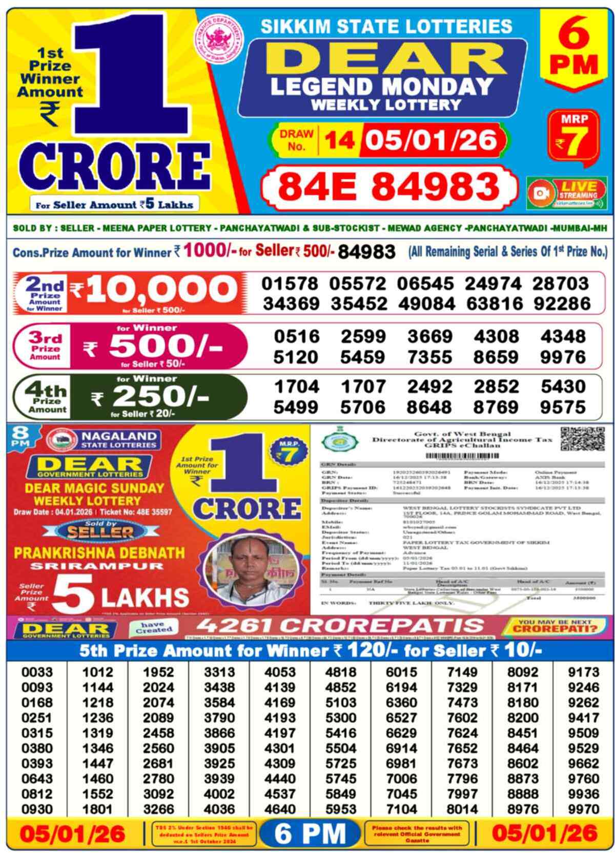 Lottery Sambad 05.01.26 Dear Lottery 6 PM January 05, 2026