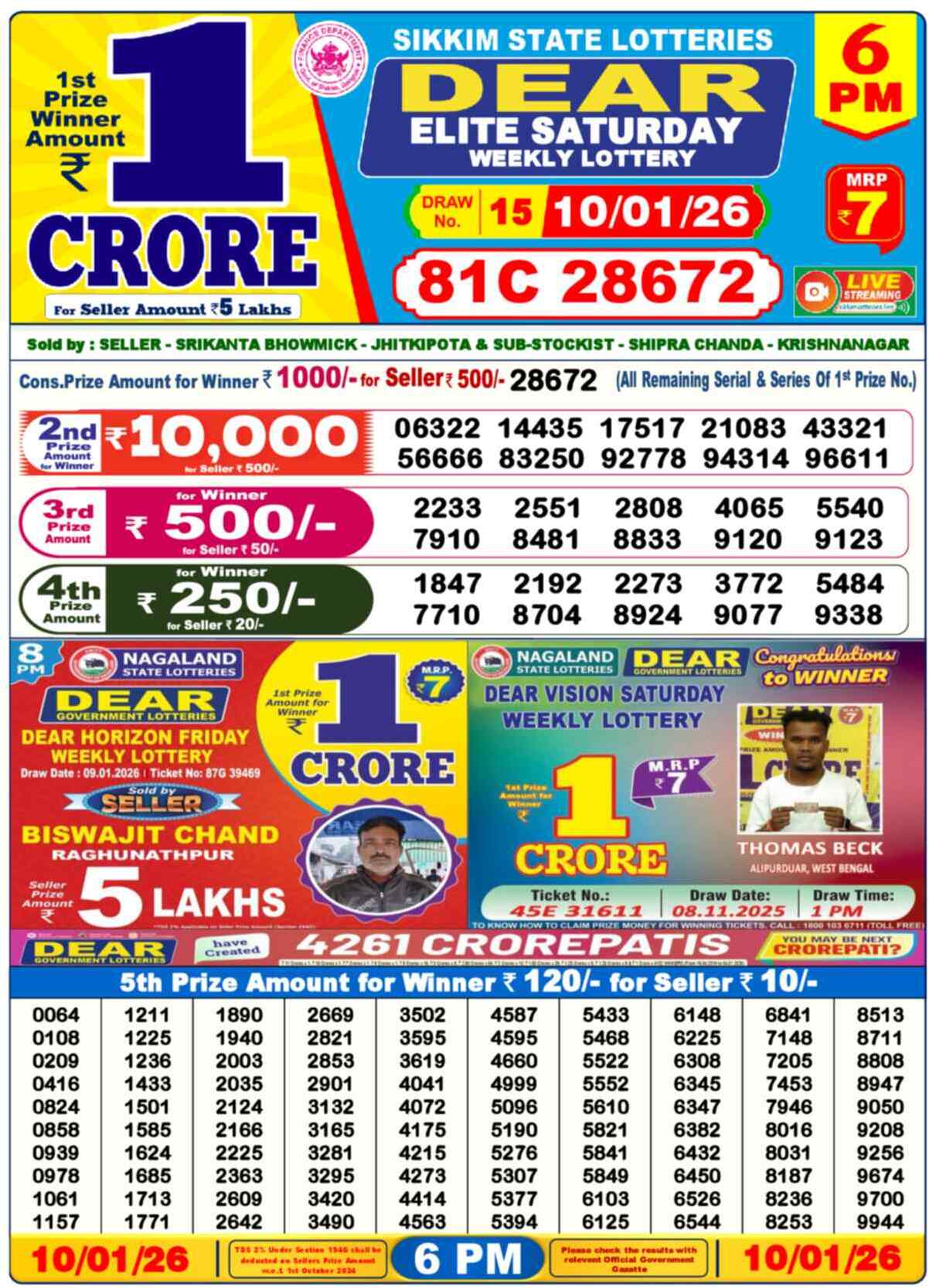 Lottery Sambad 10.01.26 Dear Lottery 6 PM January 10, 2026