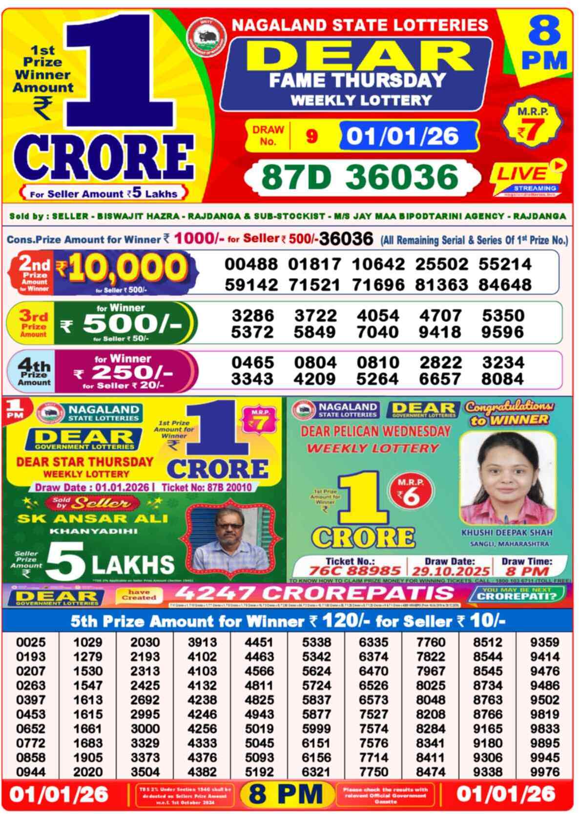 Lottery Sambad 01.01.26 Dear Lottery 8 PM January 01, 2026
