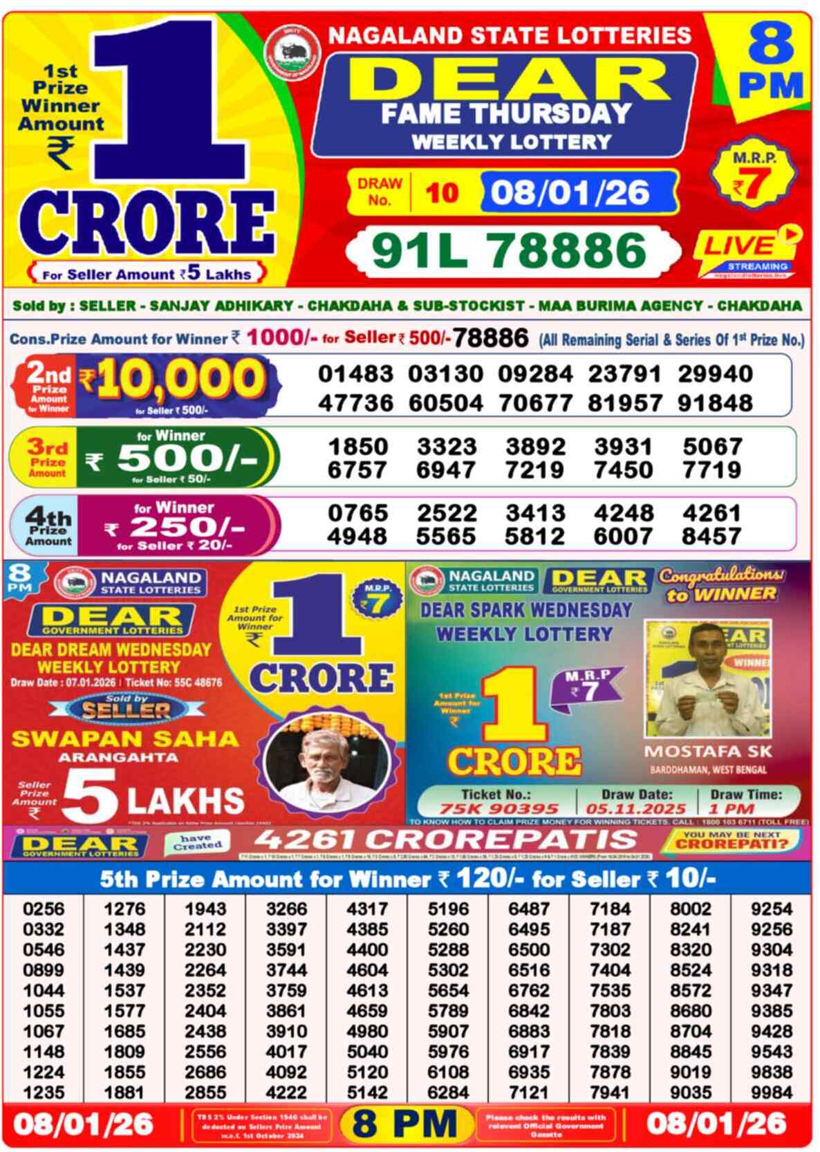 Lottery Sambad 08.01.26 Dear Lottery 8 PM January 08, 2026