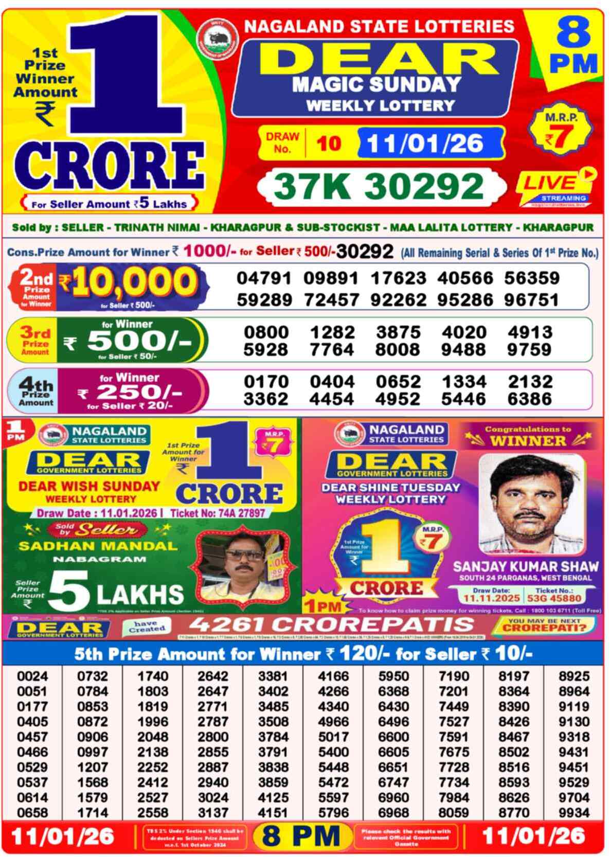 Lottery Sambad 11.01.26 Dear Lottery 8 PM January 11, 2026