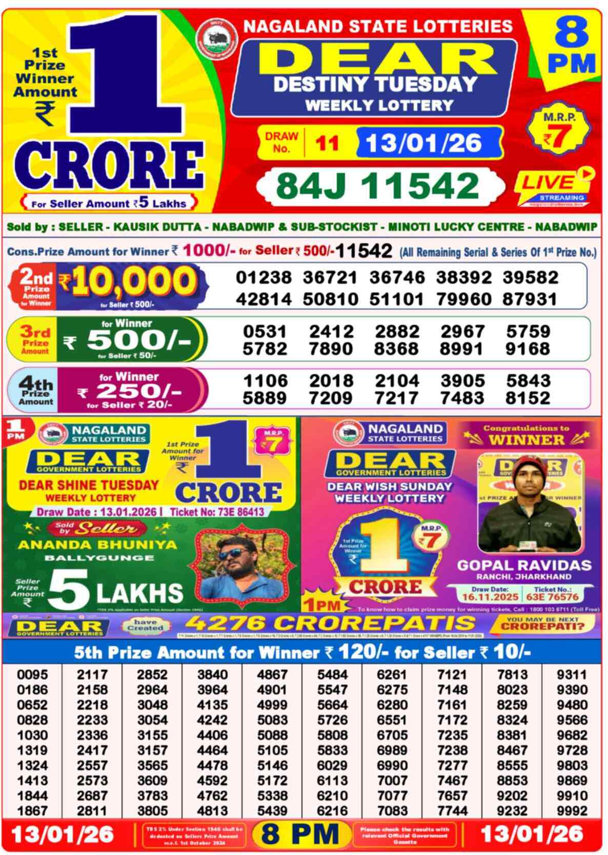 Lottery Sambad 13.01.26 Dear Lottery 8 PM January 13, 2026